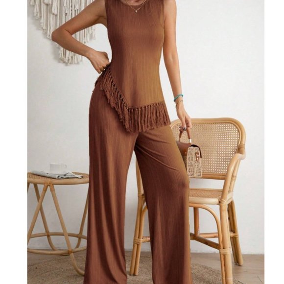 Brown Boho Womens Fringe Hem Tank Top & Wide Leg Pants - Picture 5 of 5